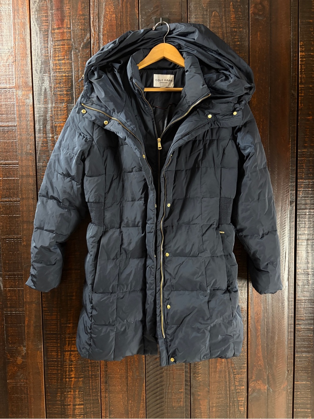 Cole Haan Navy Quilted Hooded Puffer Coat Mid Length XL
